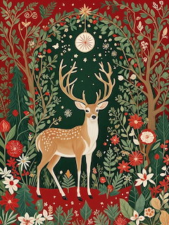 Illustrated deer in a festive floral forest with Christmas ornaments and red green foliage
