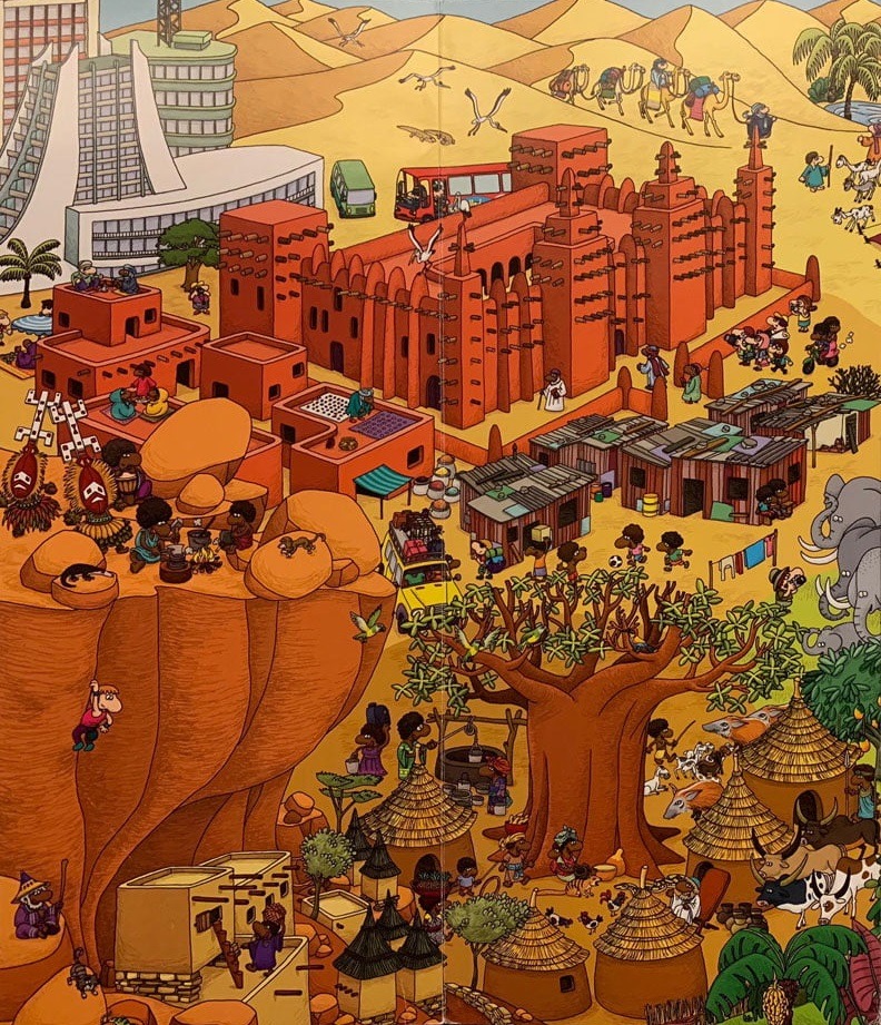 Illustrated African city with red mud brick buildings, market stalls, and people in a desert landscape