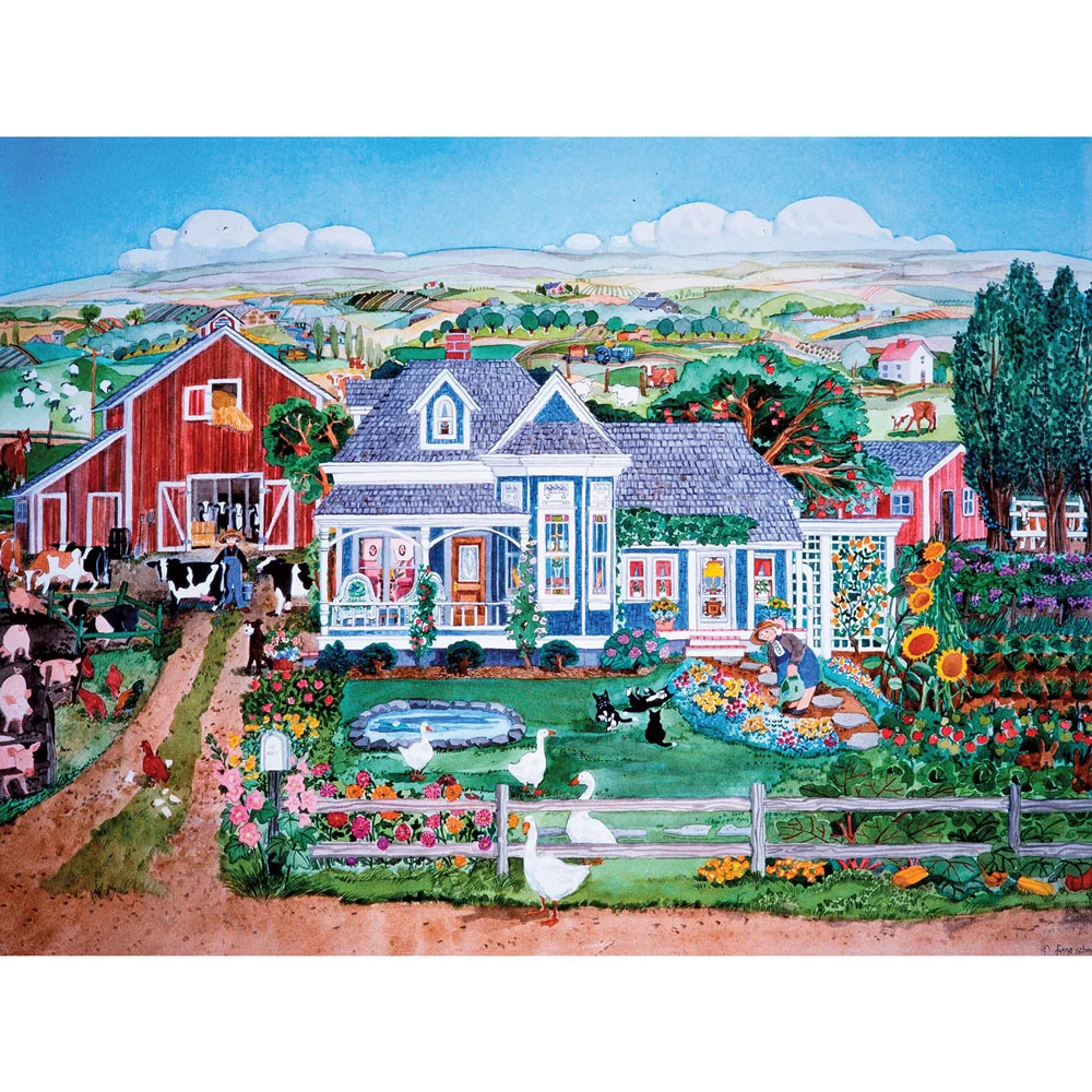 Folk art painting of colorful village houses with gardens, barn, and rolling countryside