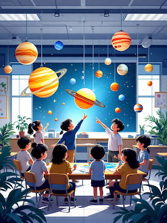 Illustrated classroom scene with children looking at hanging solar system planet models