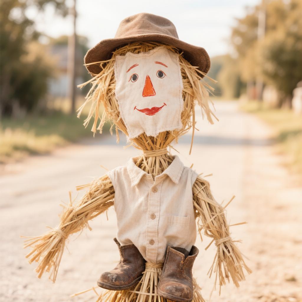 Smiling straw scarecrow on a sunlit dirt road wearing a hat, shirt, and boots