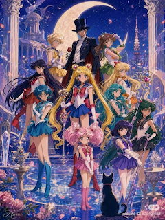 Sailor Moon and Sailor Guardians in magical girl uniforms under crescent moon with classical columns