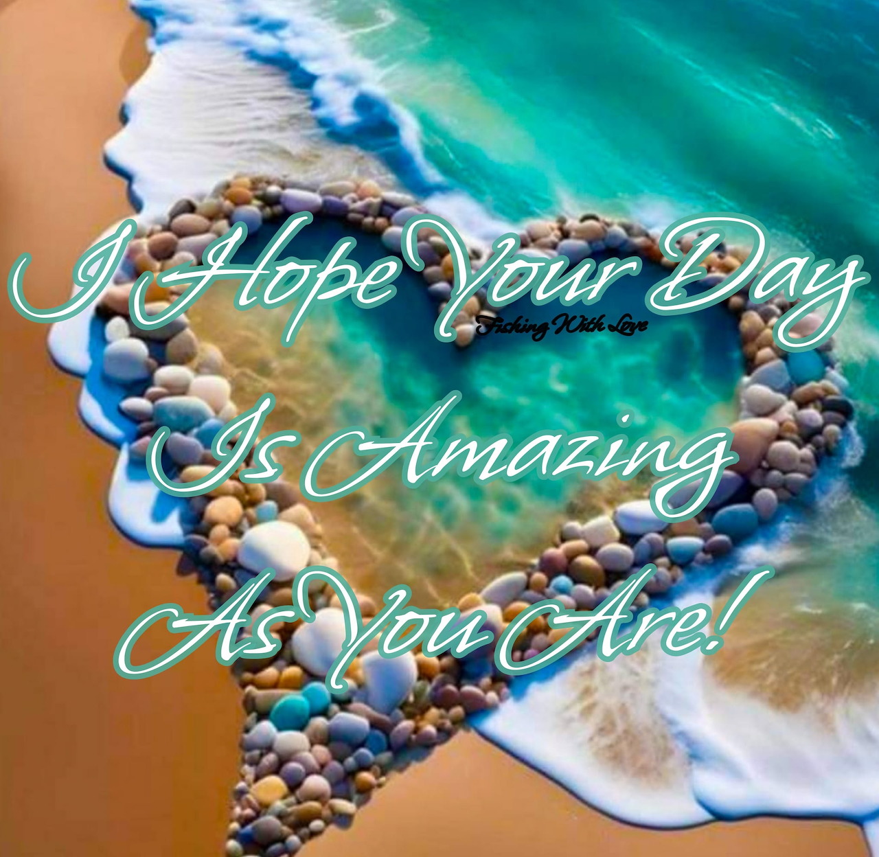Heart made of pebbles on a sandy beach with turquoise waves and inspirational text overlay