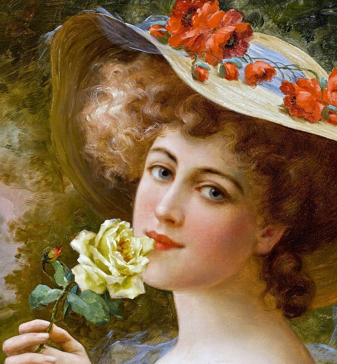 Painting of a young woman in a flowered hat holding a white rose