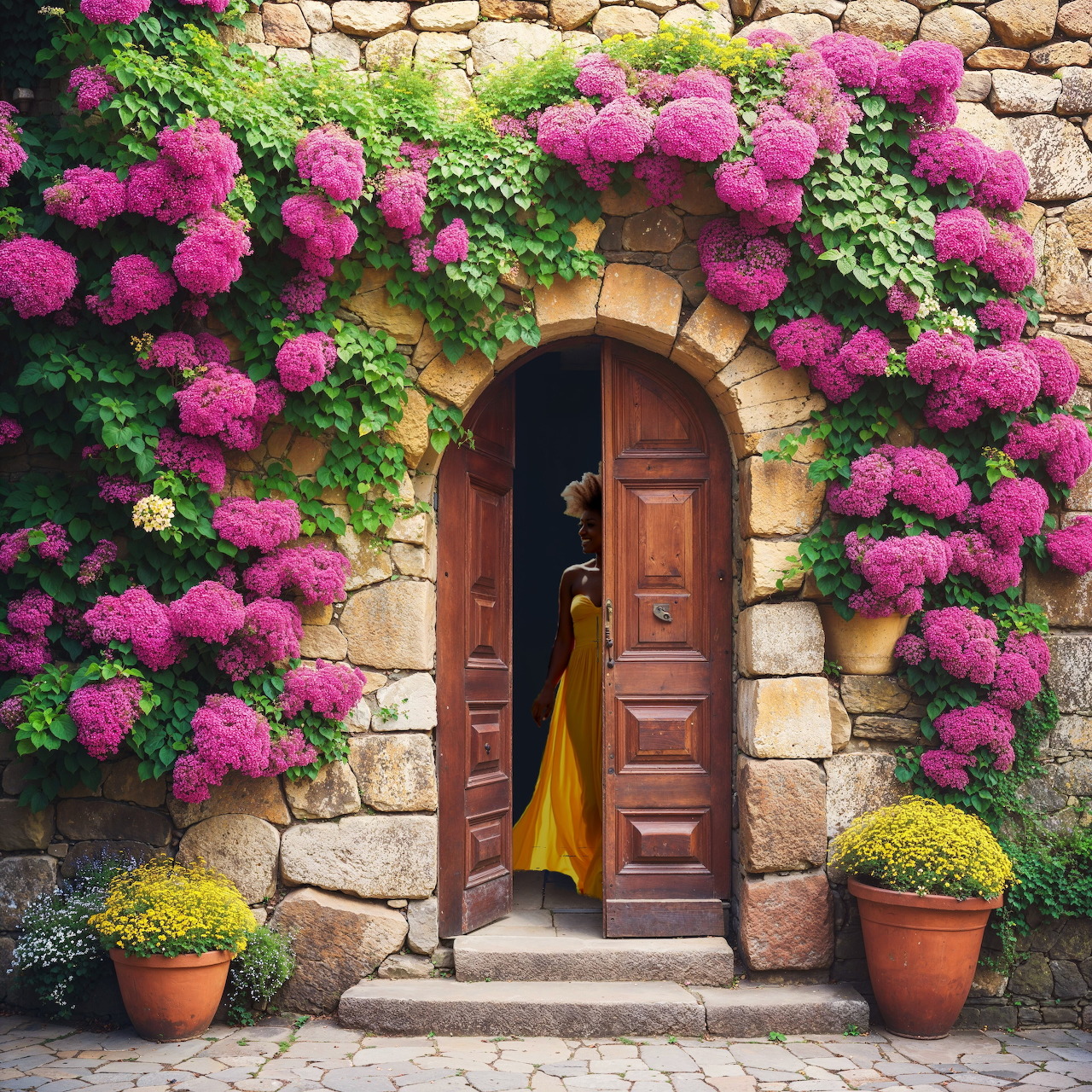 Wooden arched door surrounded by blooming pink hydrangeas in stone wall with potted plants on cobblestone ground