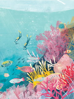 Illustrated coral reef with tropical fish and two scuba divers in blue water