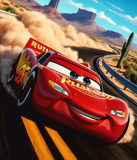 Animated red race car with eyes driving fast on desert road kicking up dust with mesas in background