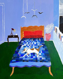 Naive art painting of white dog on blue patchwork quilt bed in colorful bedroom