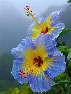 Two blue and yellow hibiscus flowers with water droplets on petals against a misty background