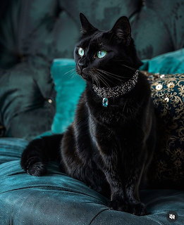 Black cat with green eyes and jeweled collar on turquoise velvet cushions