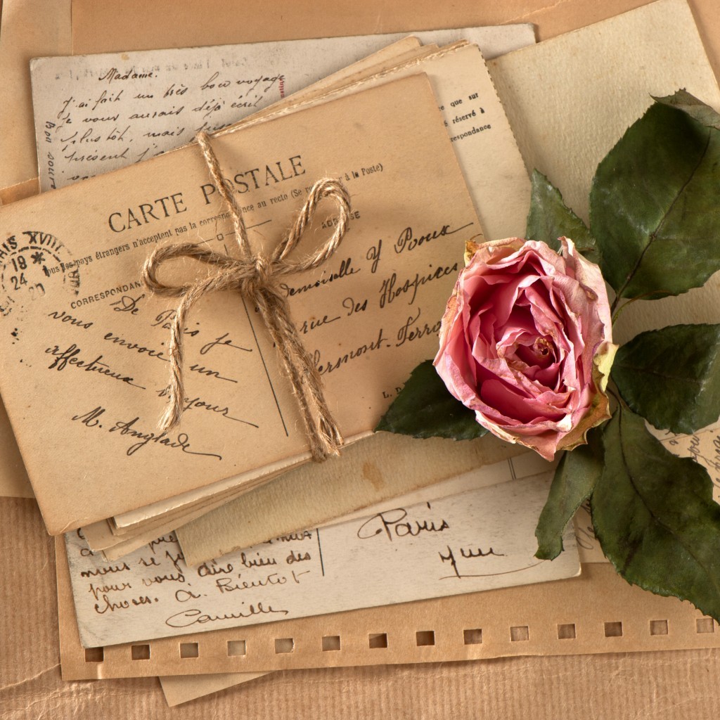 Vintage postcards and letters tied with twine beside a pink rose with green leaves on cream fabric
