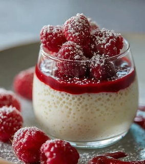 Layered dessert with tapioca pearls, raspberry sauce, and fresh raspberries in glass jar