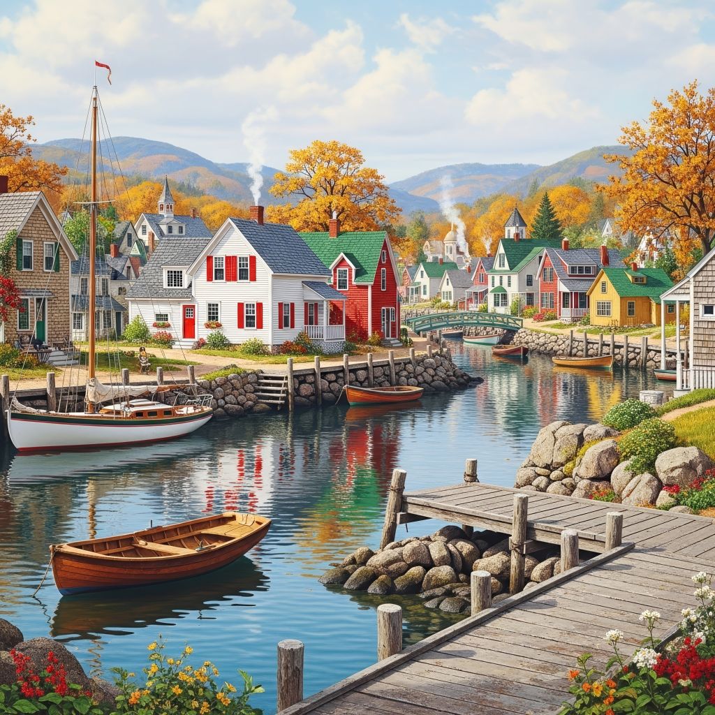 Painted lakeside village with colorful houses, boats, docks, autumn trees, and mountains