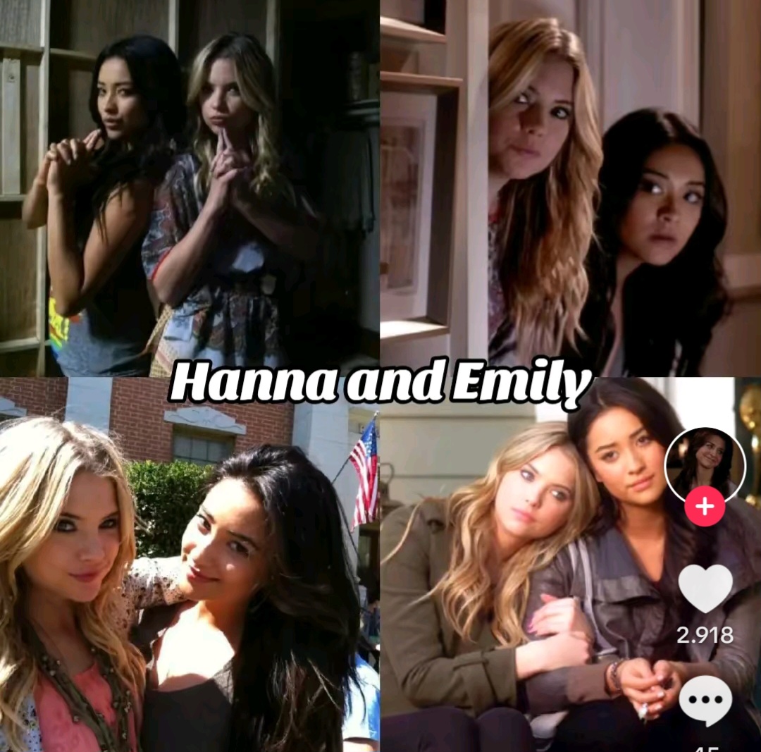 Four-panel collage of Hanna and Emily together in scenes from a TV show