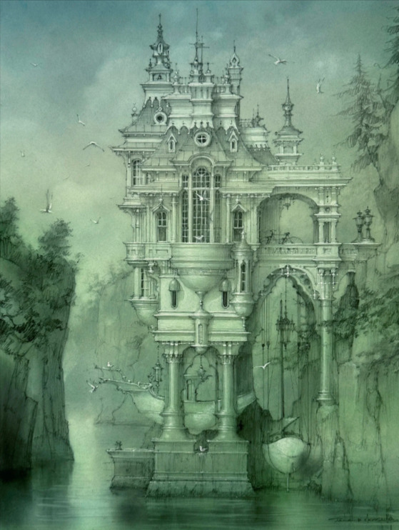 Misty green fantasy painting of an ornate gothic boathouse above calm water