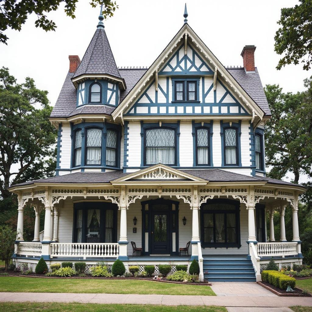 Victorian mansion with Tudor timbering, wraparound porch, and turret surrounded by oak trees