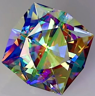 Multifaceted gemstone with vibrant rainbow light reflections and geometric cuts on gray background