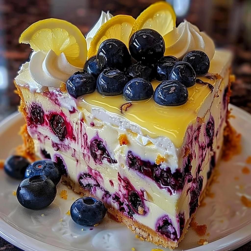 Slice of blueberry cheesecake with lemon curd topping and fresh blueberries on white plate