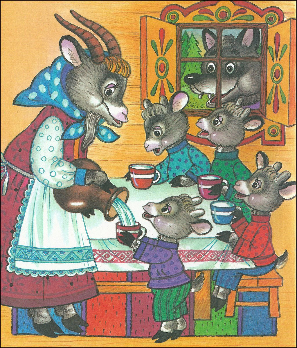 Mother goat pours tea for young goats at a table in a cozy cottage, fairy tale illustration