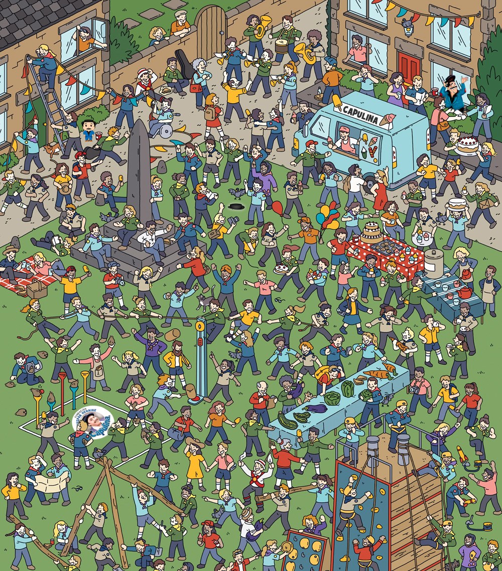 Illustrated busy market scene with crowd of people at vendor stalls and activities