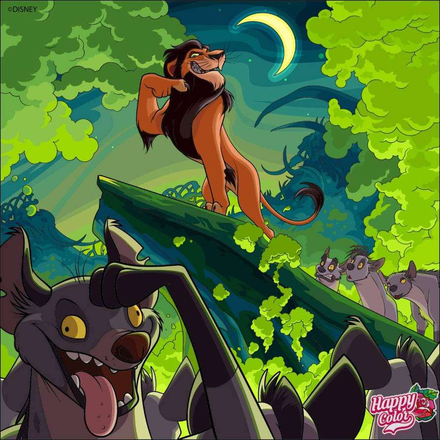 Cartoon lion on a rock at night with hyenas in a lush green forest