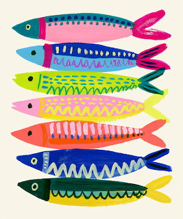 Seven colorful illustrated fish arranged vertically with decorative patterns