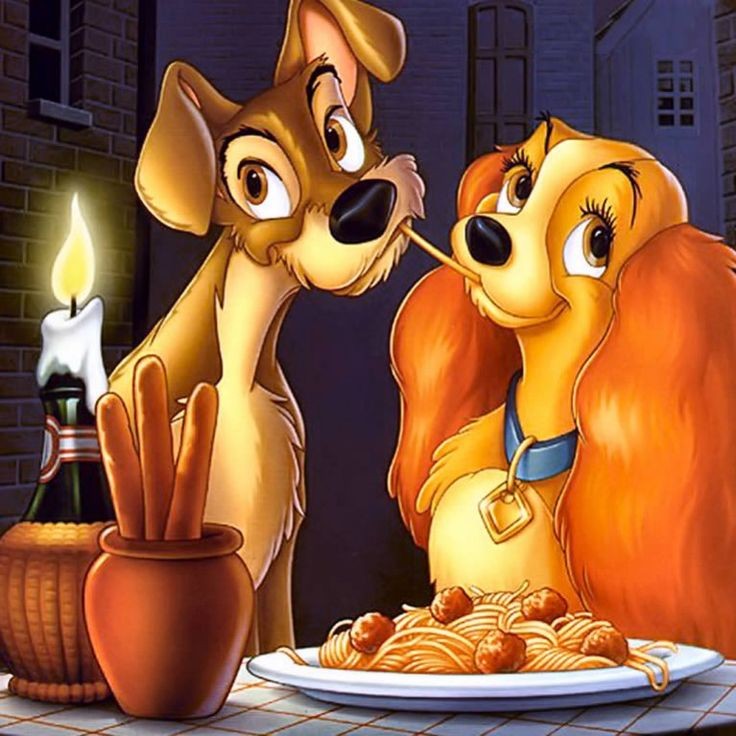 Animated dogs Lady and Tramp sharing spaghetti dinner by candlelight in night alley