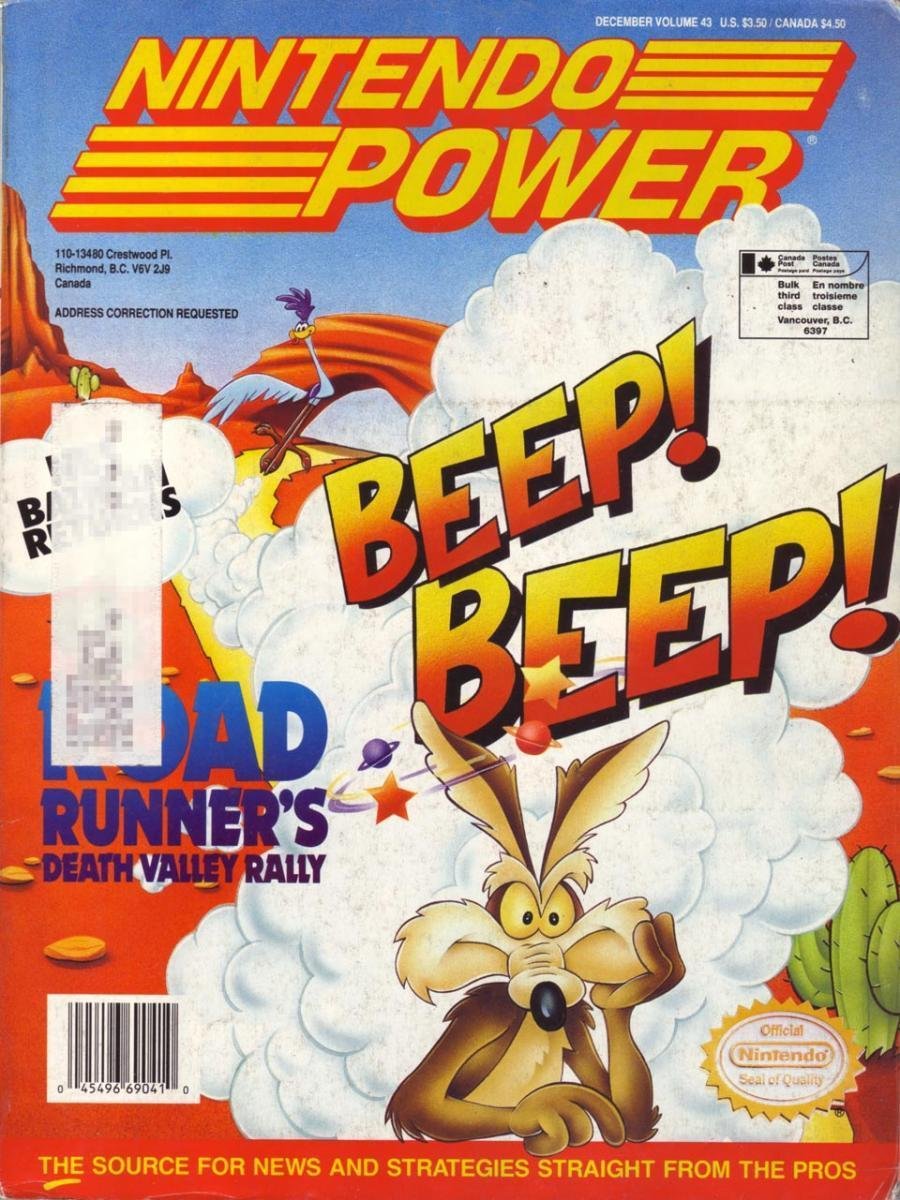 Nintendo Power magazine cover with Road Runner and Wile E. Coyote, 'Beep! Beep!' text, Death Valley Rally game