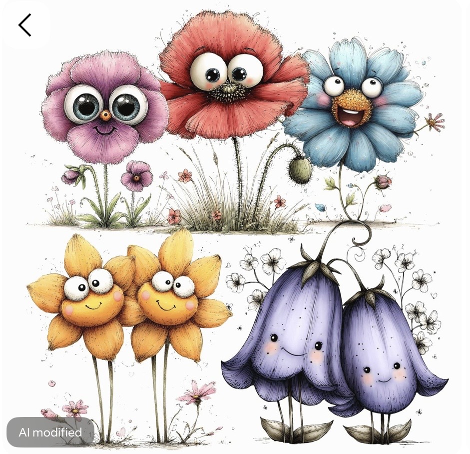 Six whimsical cartoon flowers with big eyes and happy faces in pink, red, blue, yellow, and purple colors
