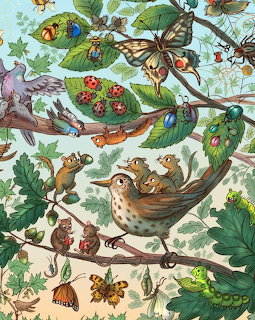 Illustrated woodland scene with birds in nests, squirrels, butterflies, and foliage on tree branches