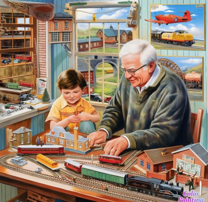 Elderly man and young boy building a model train set at a table indoors