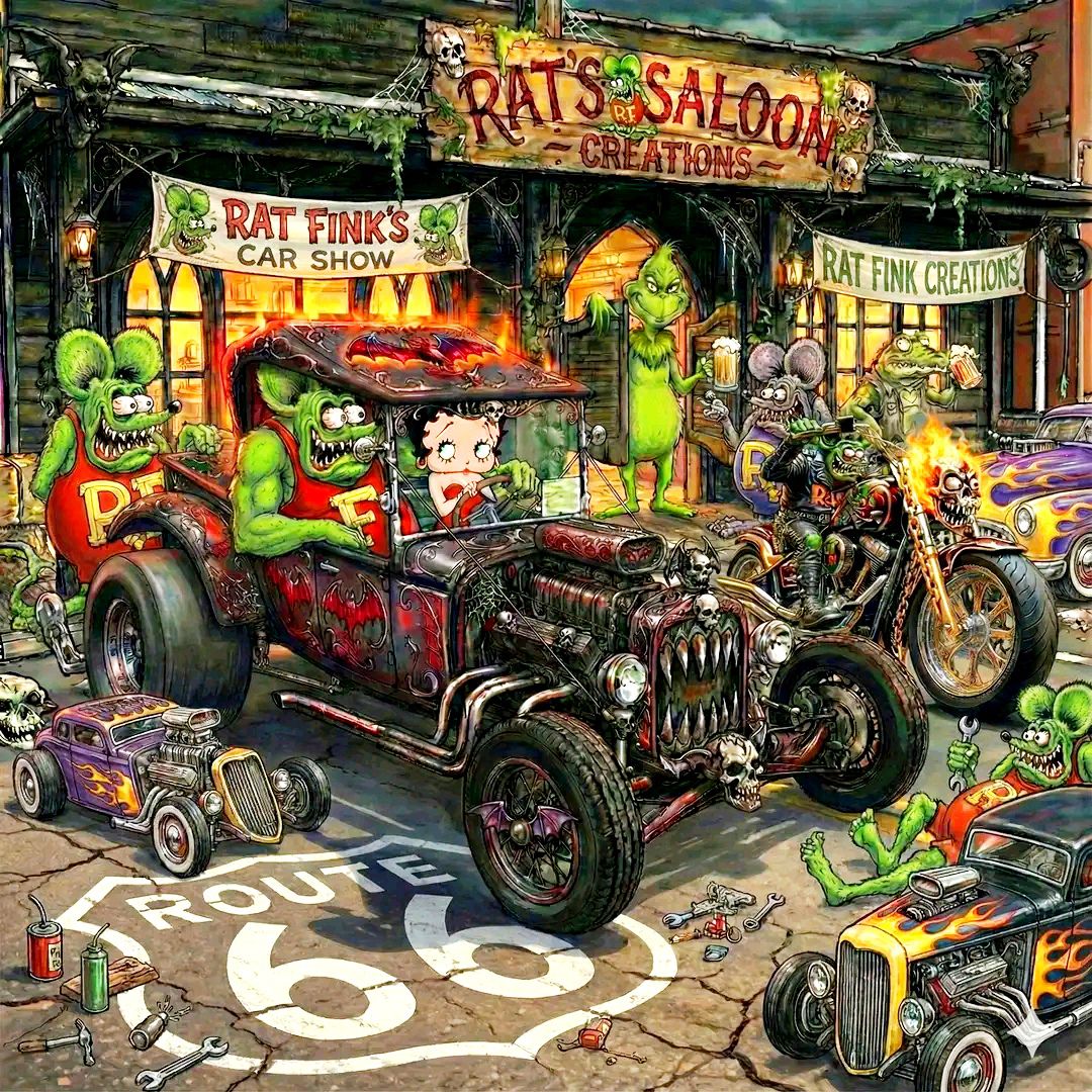 Cartoon rat characters working in a hot rod garage with vintage custom cars and Route 66 memorabilia