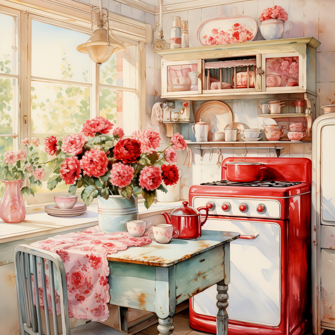 Vintage country kitchen with red stove, floral bouquets on weathered turquoise table, and rustic shelving