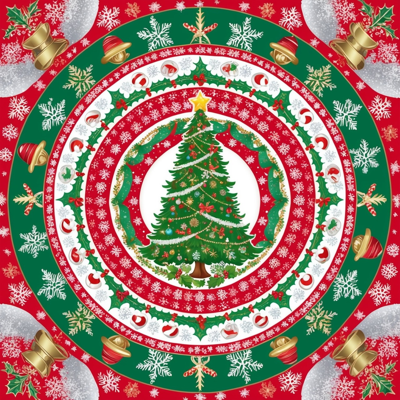 Circular Christmas mandala with decorated tree center and festive holiday patterns in red, green, and gold