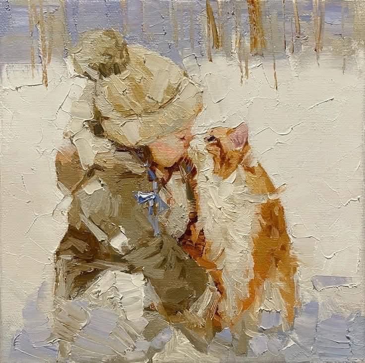 Impressionist painting of girl in headscarf holding orange cat in snowy winter scene with trees