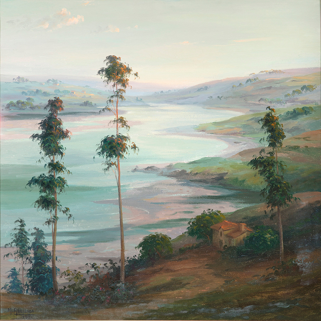 Impressionist landscape painting of a tranquil river valley with eucalyptus trees and distant hills in muted colors
