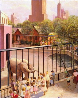 Vintage painting of an elephant in a zoo pen with children and adults watching nearby