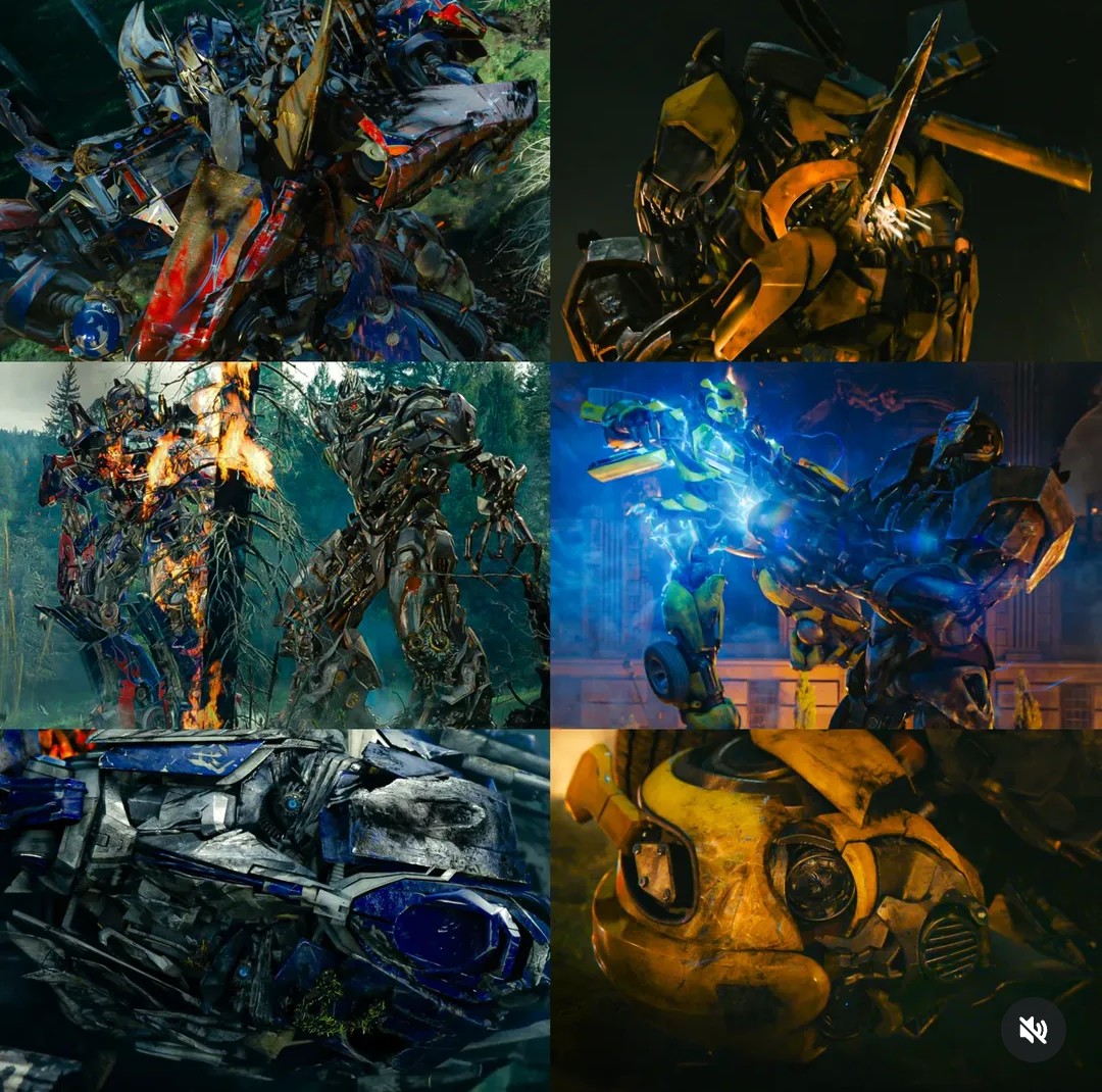 Collage of six Transformers robots in various battle poses with dramatic lighting and metallic textures