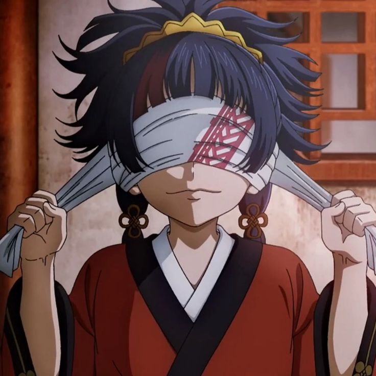 Anime character with a blindfold, dark hair, and red traditional robe holding the blindfold ties