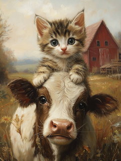 Painting of a taby kitten perched on the head of a brown and white cow near a red barn