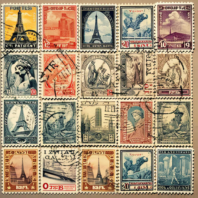 Grid of 20 vintage postage stamps with landmarks and monuments in beige, blue, and red tones