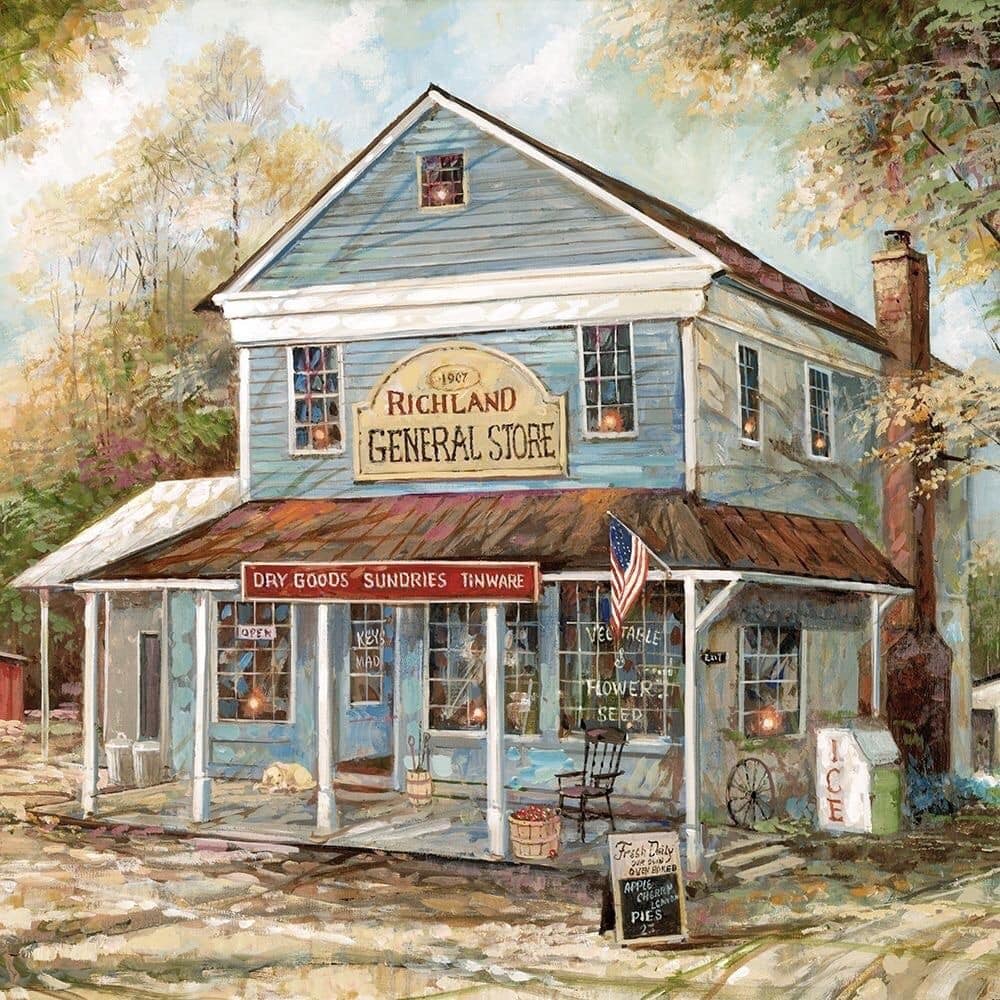 Painting of a blue two-story general store with porch and gas pump surrounded by autumn trees
