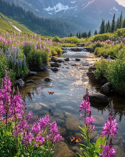 Mountain stream flowing through alpine meadow with pink and purple wildflowers and snow-capped peaks