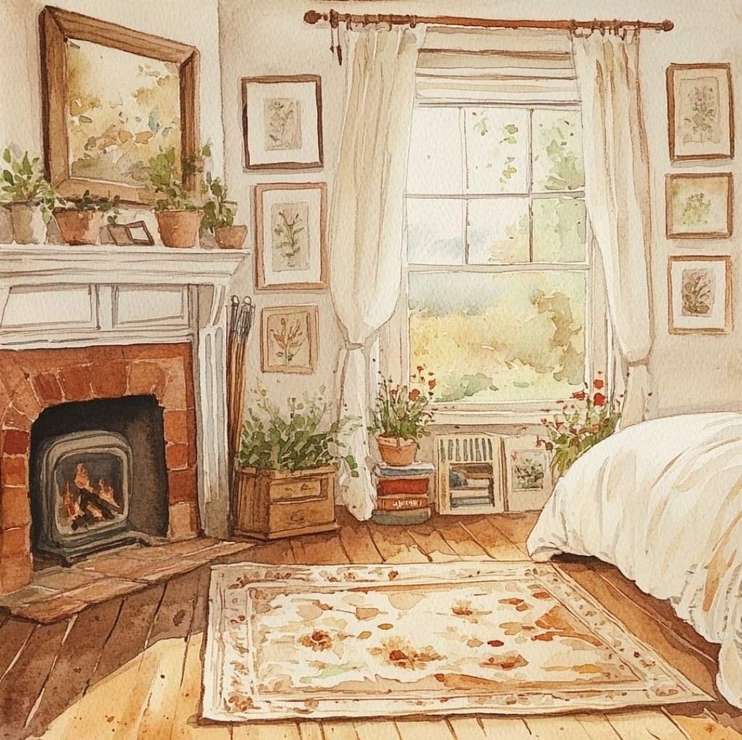 Watercolor painting of a cozy bedroom with fireplace, floral wall art, wood floors, and sunlit window