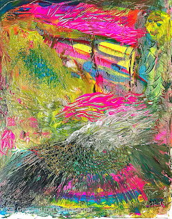 Colorful abstract expressionist painting with bold pink, green, yellow and blue brushstrokes and heavy texture