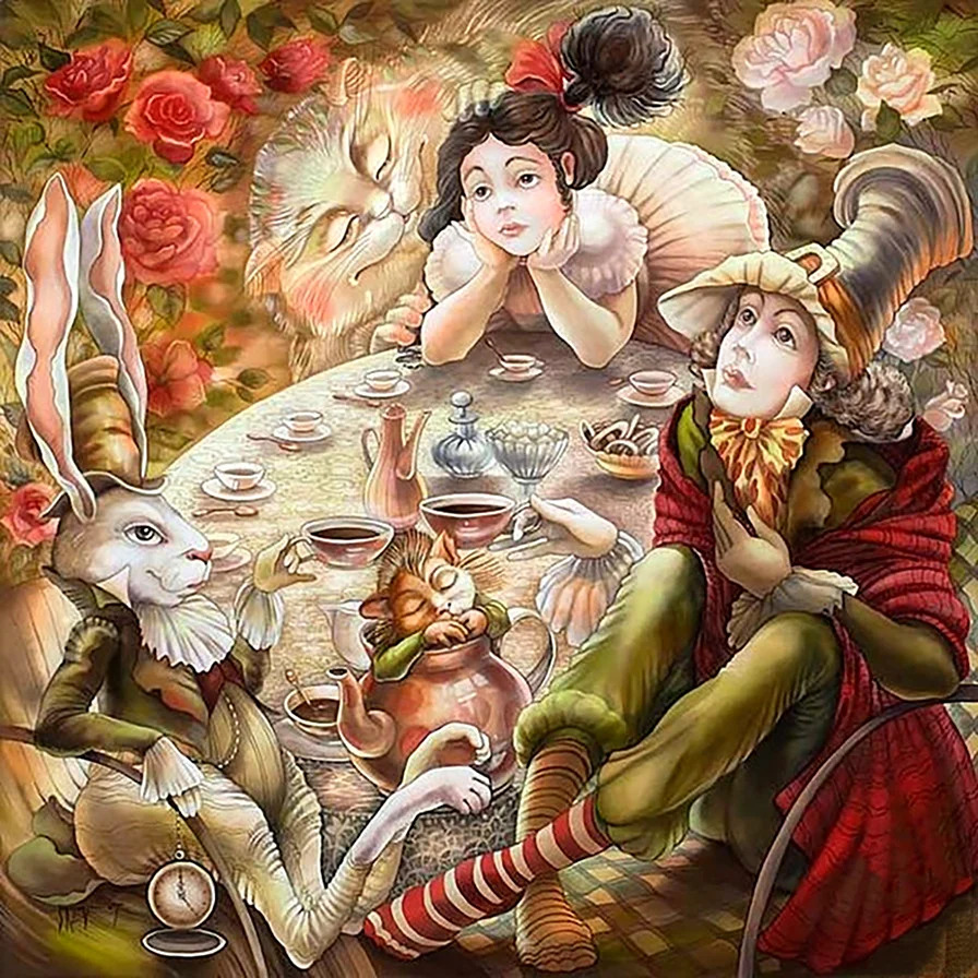 Alice in Wonderland tea party scene with characters around a table surrounded by roses