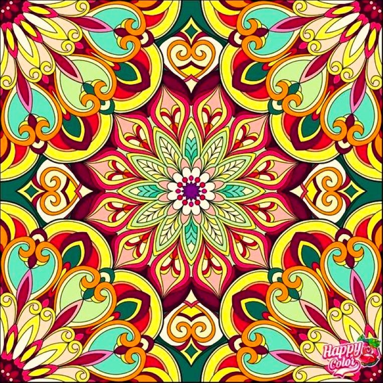 Ornate mandala with swirling patterns and central flower in vibrant colors