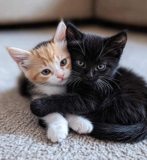 Two cuddling kittens on a carpet, one orange and white and one black