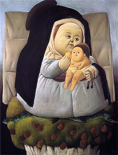 Botero-style painting of a plump Madonna in white headscarf holding a small baby