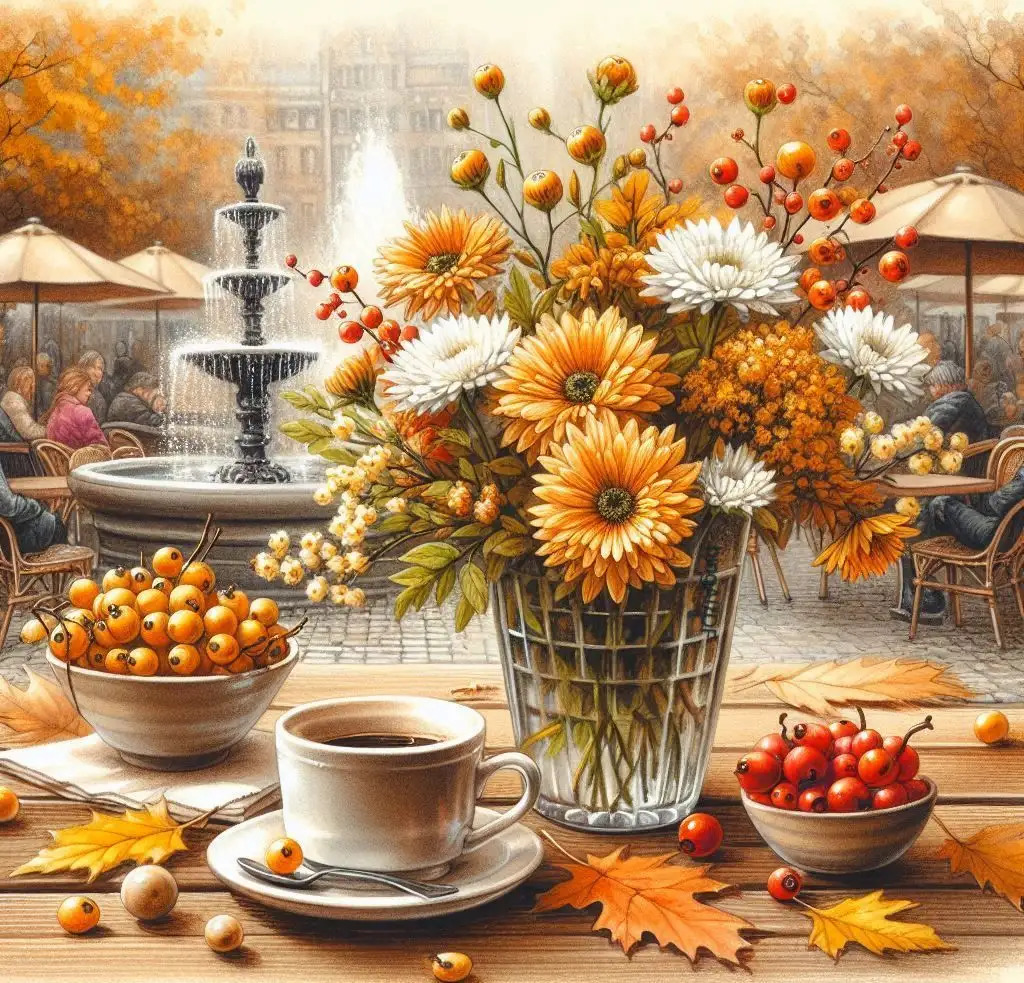 Sunflowers and autumn flowers in vase beside coffee cup with fountain and fall foliage in background